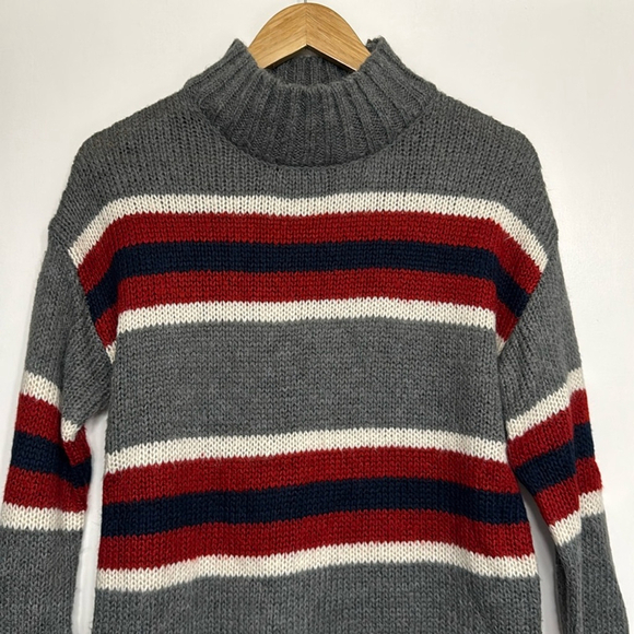 Kismet Striped Knit Mock Neck Sweater - Medium Red Grey Navy White Cozy - Picture 2 of 10